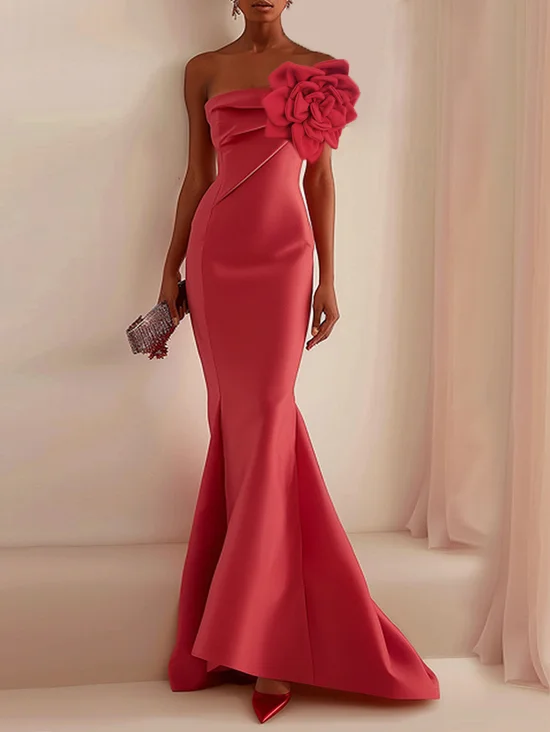 Red 3D Floral Strapless Maxi Party Dress