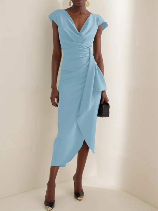 Light Blue Cowl Neck Short Sleeve Midi Dress