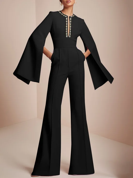 Black Rhinestones Bell Sleeve Jumpsuit