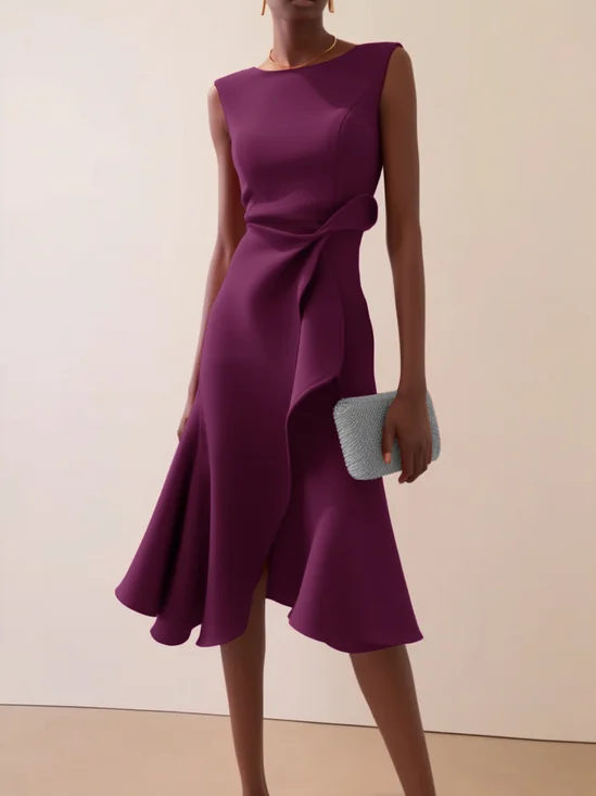 Deep Purple Ruched Boat Neck Sleeveless Midi Dress