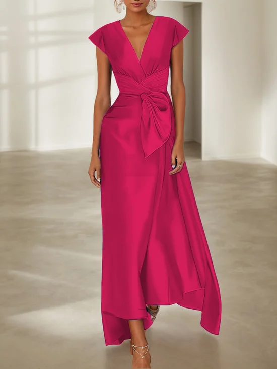 Blue Cap Sleeve Bow Satin A-Line Maxi Dress