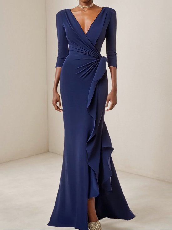 Dark Blue Ruched V Neck Long Sleeve A-Line Floor Length Dress