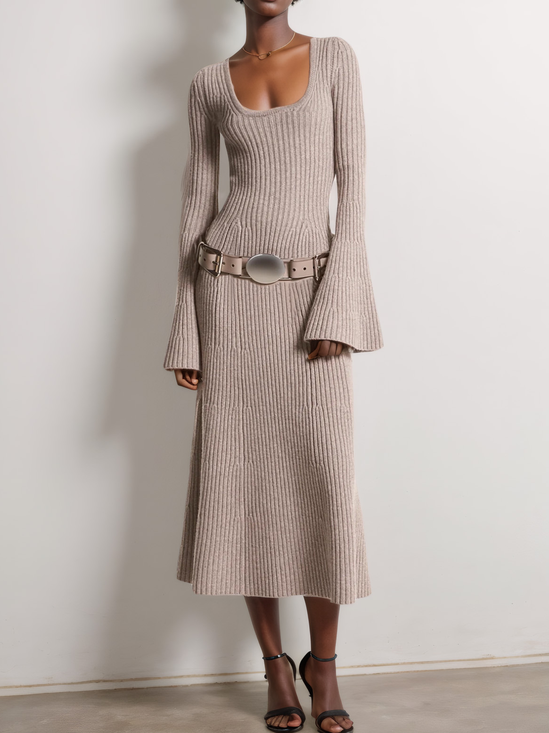 Wool Light Khaki U-Neck Long Sleeve Bell Sleeve A-Line Midi Sweater Dresses