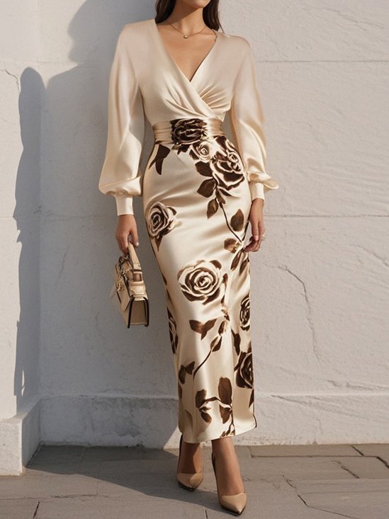 Apricot Floral Printing V Neck Long Balloon Sleeve Maxi Dress