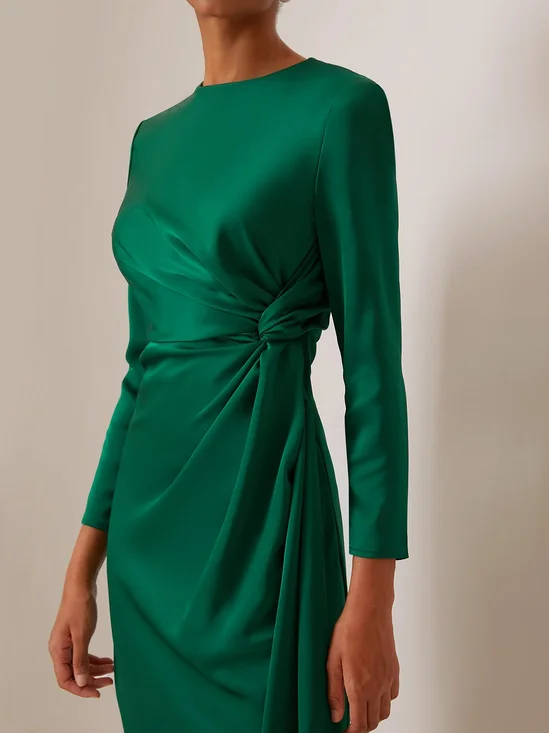 Green Satin Long Sleeve Sheath Midi Dress