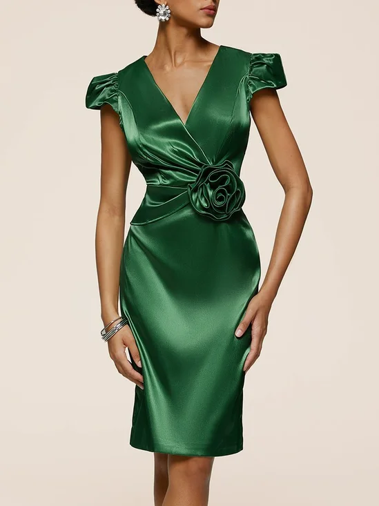 Green Petal Sleeve 3D Floral Satin Sheath Midi Dress