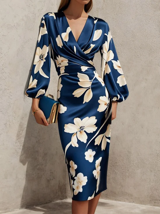 Blue Floral V Neck  Balloon Sleeve Midi Sheath Satin Dress