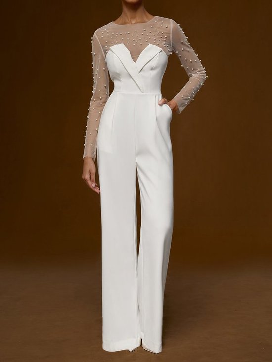 Women White Imitation Pearls Strapless Jumpsuit