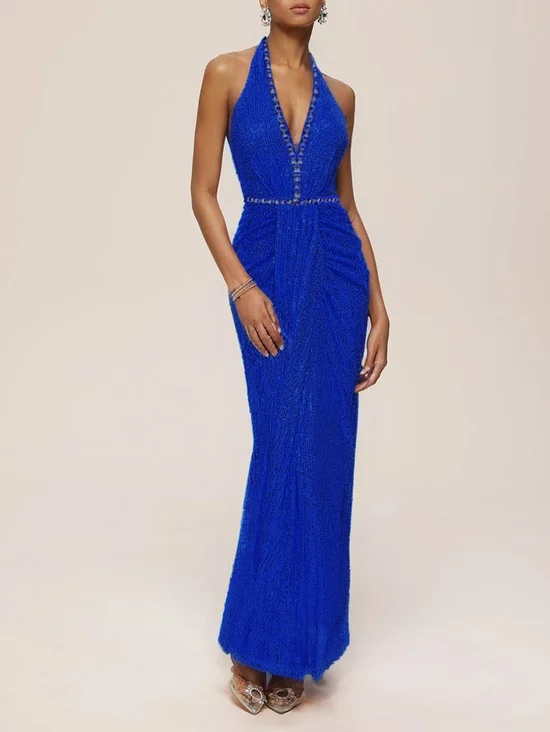 Pink Sequin Rhinestone Halter Sleeveless Sheath Maxi Dress