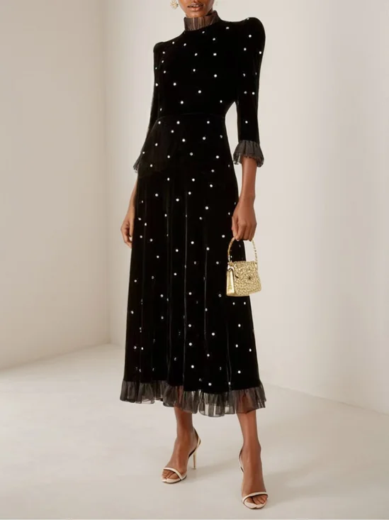 Black Beaded Ruffled Mock Neck Three Quarter Sleeve A-Line Midi Velvet Dress