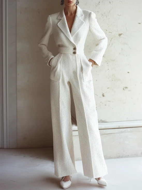 White Tweed Buckle Pocket Stitching Lapel Collar Wide-Leg Jumpsuit