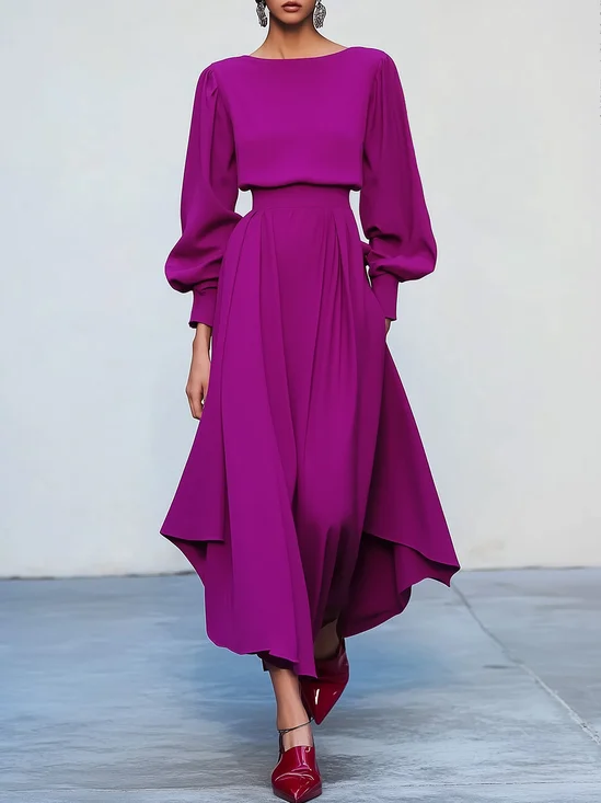 Pink Asymmetric Boat Neck Long Balloon Sleeve A-Line Midi Dress