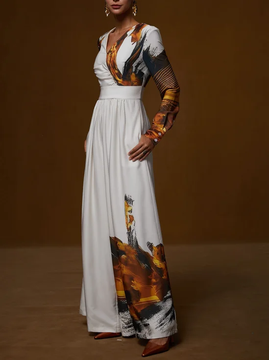 Women Light Khaki Floral V Neck Long Sleeve Wide-Leg Jumpsuit