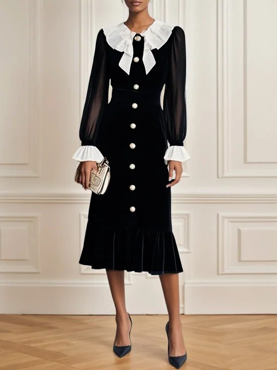 Black Split Joint Ruffled Mermaid Midi Velvet Dress