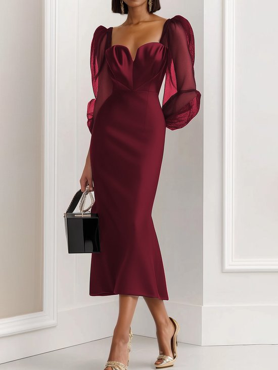 Wine Red Mesh Satin Sweetheart Neckline Long Sleeve Balloon Sleeve Sheath Midi Dress
