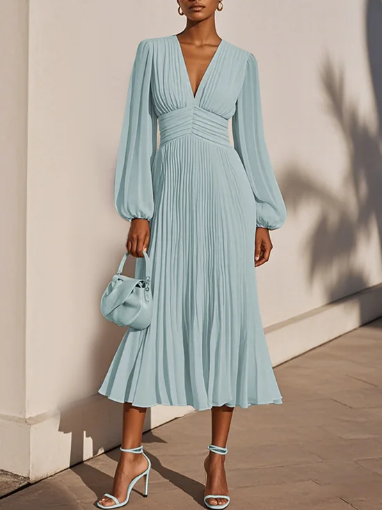 Light Blue Pleated Ruched Balloon Sleeve A-Line Midi Chiffon Dress