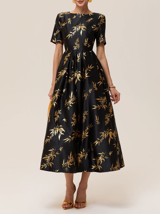Black Stamped Bronzing Classic Crew Neck Short Sleeve A-Line Midi Dress