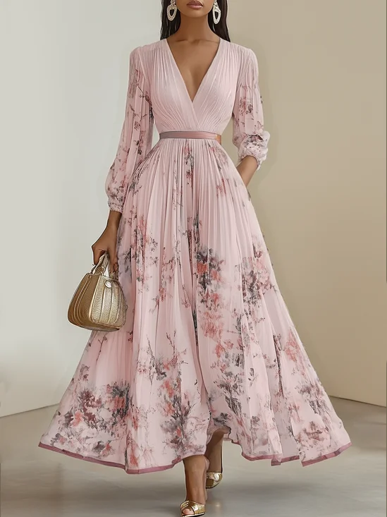 Pink Pleated Printing Chiffon V Neck Long Sleeve Balloon Sleeve A-Line Maxi Dress