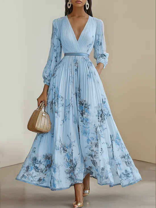 Light Blue Pleated Printing Chiffon V Neck Long Sleeve Balloon Sleeve A-Line Maxi Dress