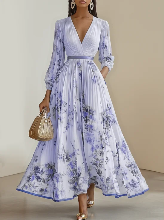 Lavender Purple Pleated Printing Chiffon V Neck Long Sleeve Balloon Sleeve A-Line Maxi Dress