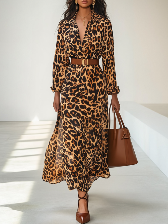 Leopard Chiffon Shirt Collar Long Sleeve A-Line Maxi Dress