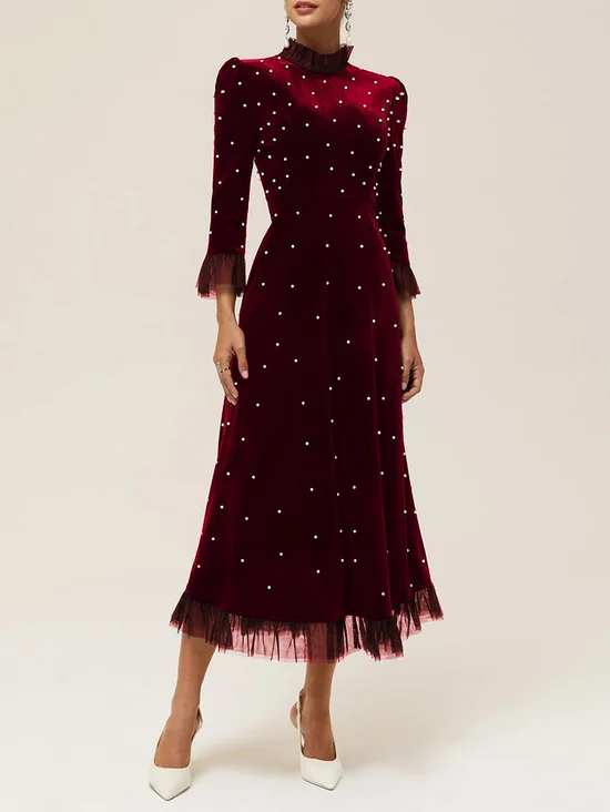 Burgundy Beaded Mock Neck Three Quarter Sleeve A-Line Maxi Velvet Dress
