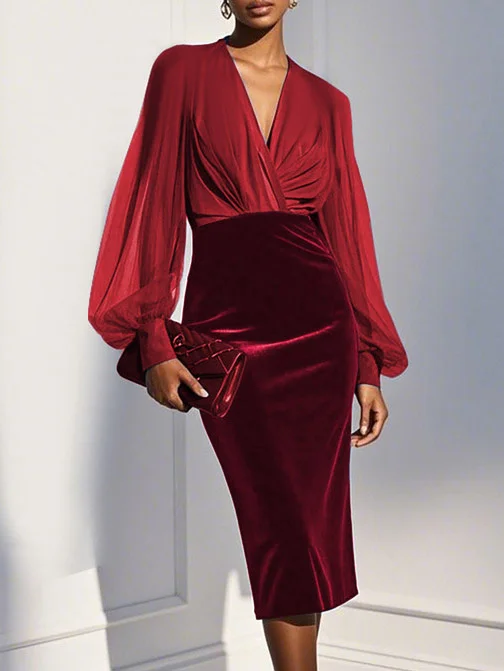 Purplish Blue Mesh Split Joint Balloon Sleeve Sheath Midi Velvet Dress