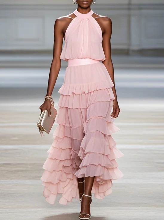 Pink Peplum Chiffon Halter Sleeveless A-Line Maxi Two-piece Dress