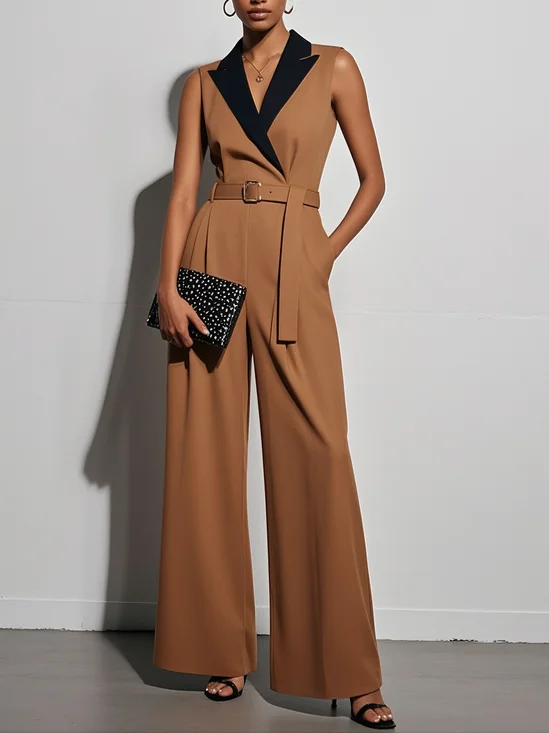 Yellow Brown Shawl Collar Sleeveless Wide-Leg Jumpsuit With Belt