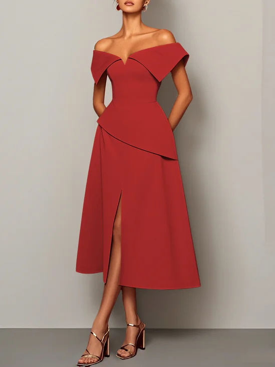 Red Slit Off The Shoulder A-Line Midi Dress
