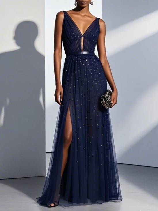 Purplish Blue Mesh Classic V Neck Sleeveless Sheath Maxi Dress