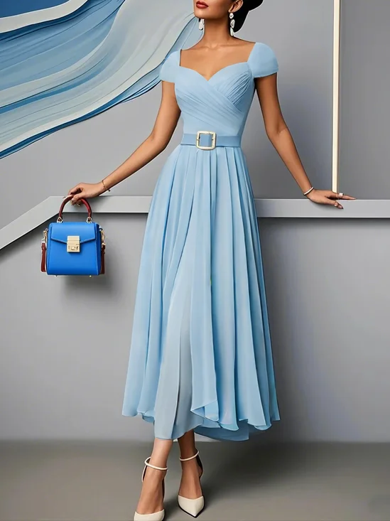 Light Blue Pleated Ruched Sweetheart Neckline A-Line Maxi Chiffon Dress
