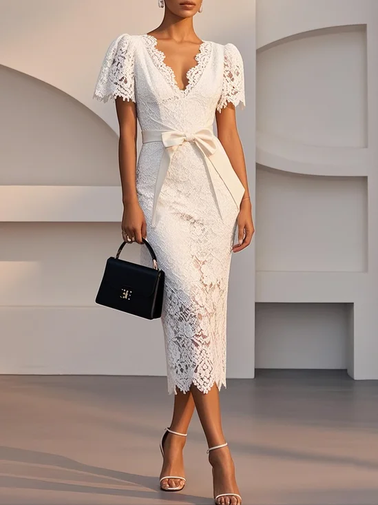 White Bow Lace V Neck Short Sleeve Sheath Midi Dress