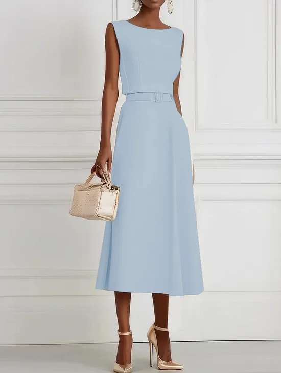 Light Blue Classic Boat Neck Sleeveless A-Line Midi Dress