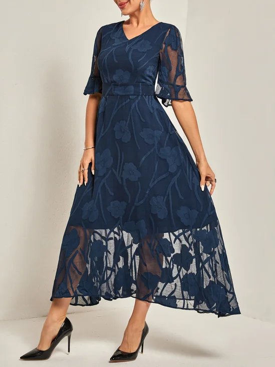 Purplish blue Lace Lace V Neck Short Sleeve A-Line Midi Dress
