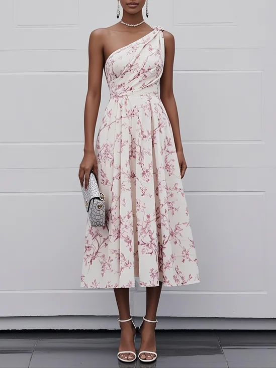 Pink One Shoulder Floral Sleeveless A-Line Midi Dress