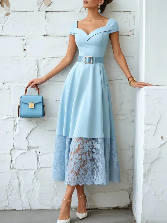 Light Blue Lace Classic V Neck Short Sleeve A-Line Midi Dress