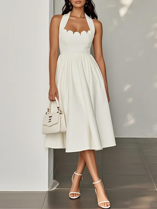 White Classic Scoop Neck Sleeveless A-Line Midi Dress