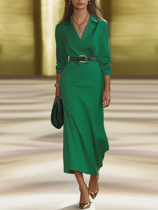 Green Lapel Collar Long Sleeve H-Line Shirt Midi Dress