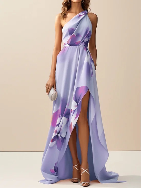 Lavender Purple Asymmetric Printing Classic One Shoulder Sleeveless A-Line Maxi Dress