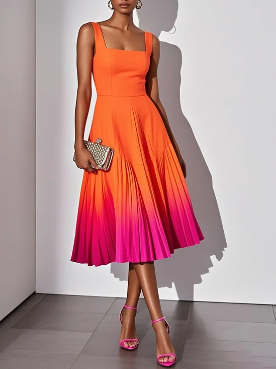 Orange Classic Square Neck Sleeveless A-Line Midi Dress
