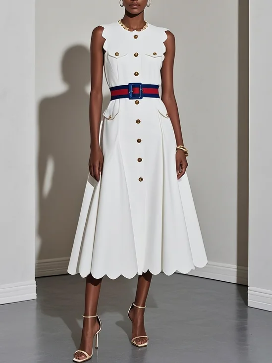 White Buckle Classic Crew Neck Sleeveless A-Line Midi Dress