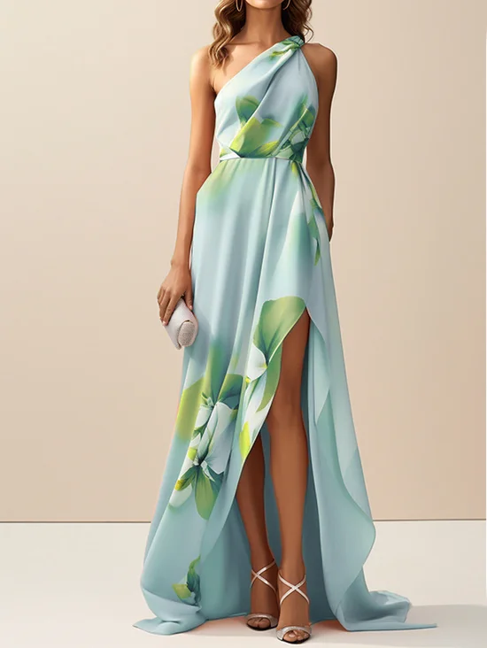 Light Blue Asymmetric Printing Classic One Shoulder Sleeveless A-Line Maxi Dress