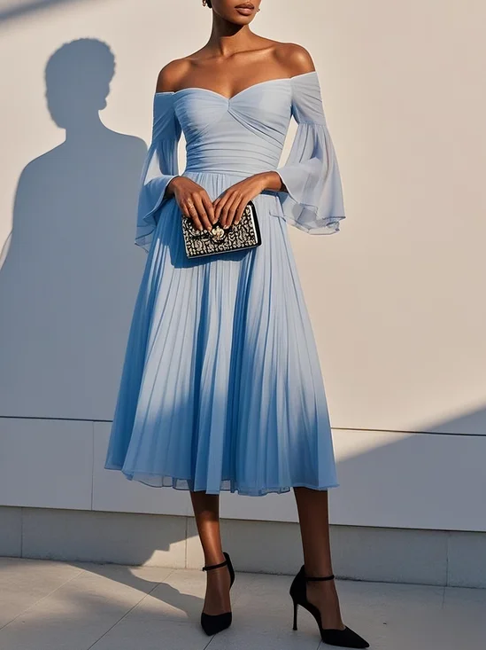 Light Blue Pleated Chiffon Off The Shoulder Half Sleeve Bell Sleeve A-Line Midi Dress