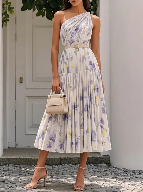 White Chiffon One Shoulder Sleeveless A-Line Midi Dress