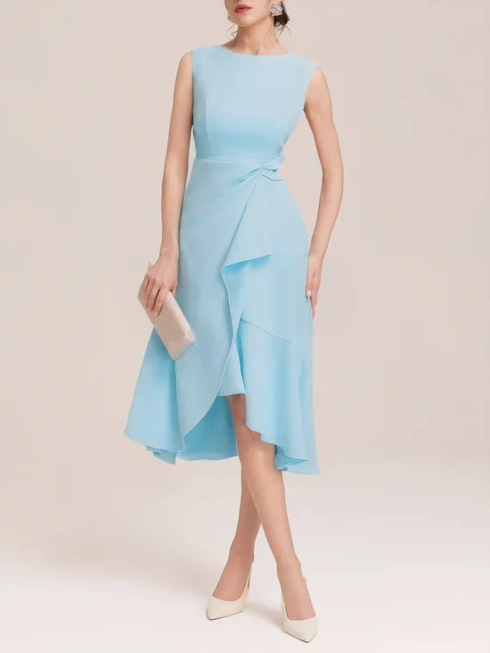 Light Blue Sleeveless Midi Elegant A-line Dress with Waist Twist for Day-to-Night