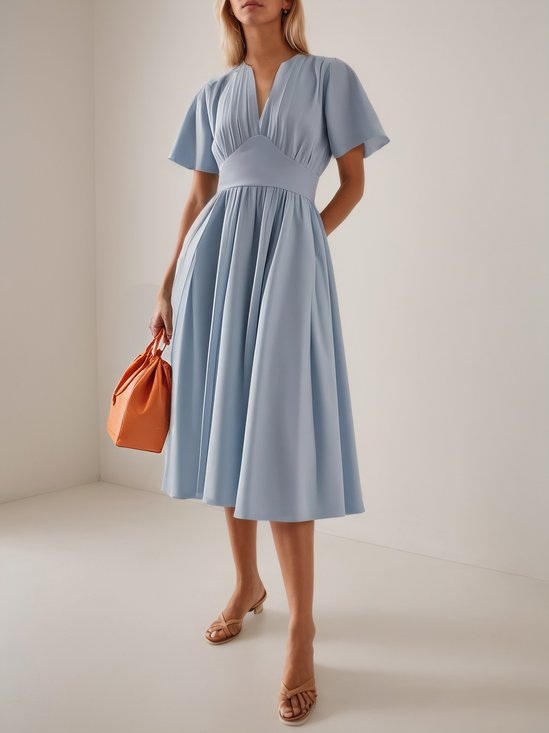 Light Blue Classic V Neck Short Sleeve A-Line Midi Dress
