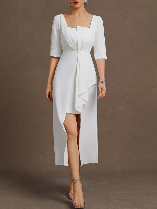 White Asymmetric Classic Asymmetrical Long Sleeve A-Line Midi Dress