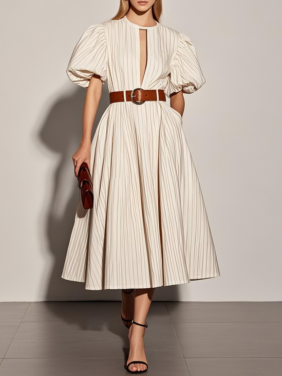 White Classic Crew Neck Short Sleeve Puff Sleeve A-Line Midi Dress
