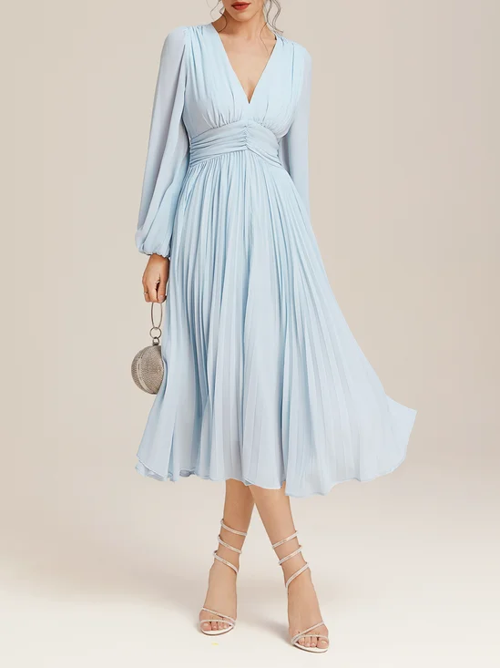Light Blue Pleated Ruched Balloon Sleeve A-Line Midi Chiffon Dress